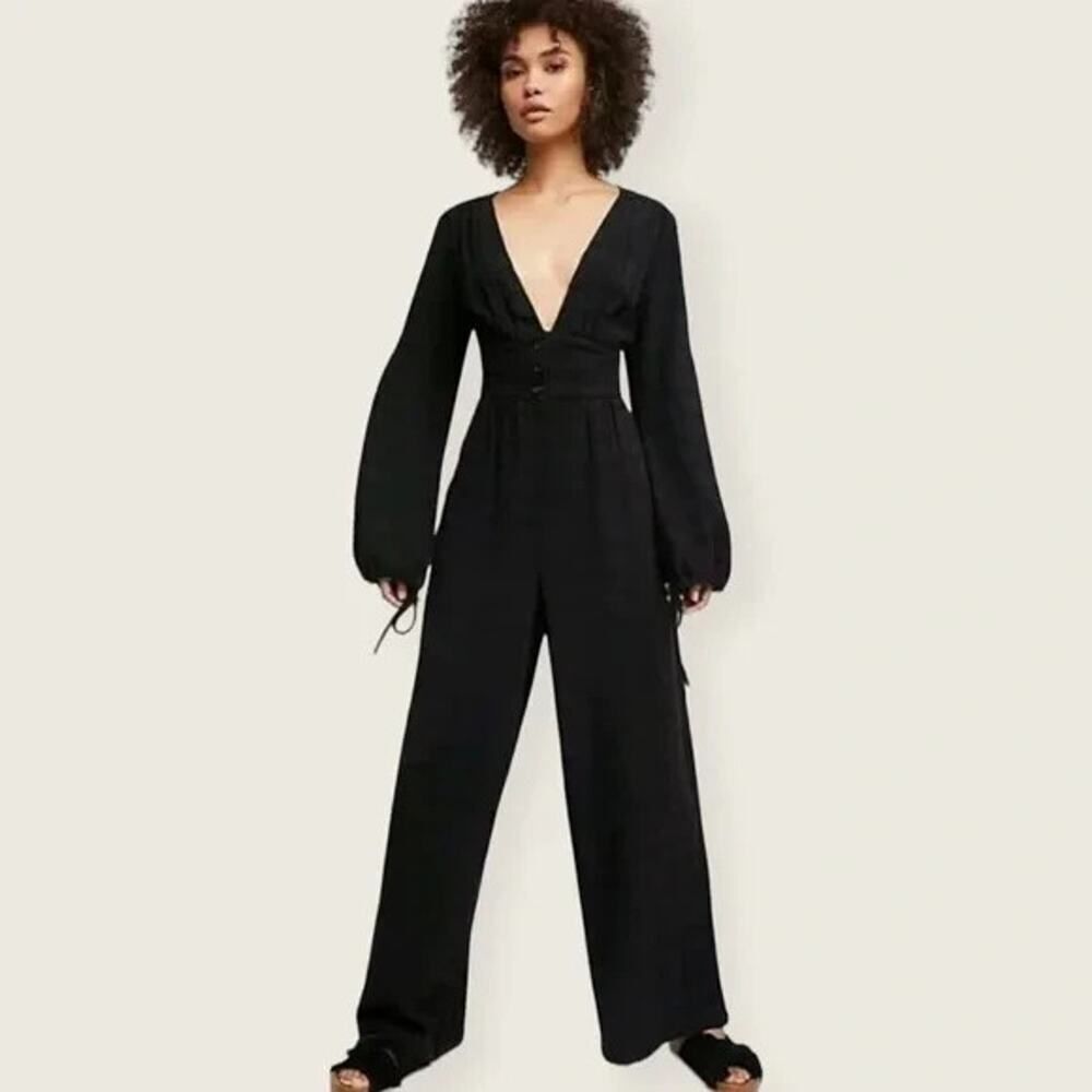Free People Jumpsuit Small Linen Blend Wide Leg True Lovin One Piece V Neck Boho